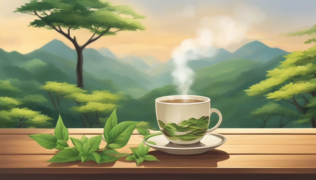 A steaming cup of hojicha sits on a wooden table, surrounded by green tea leaves and a warm, inviting atmosphere