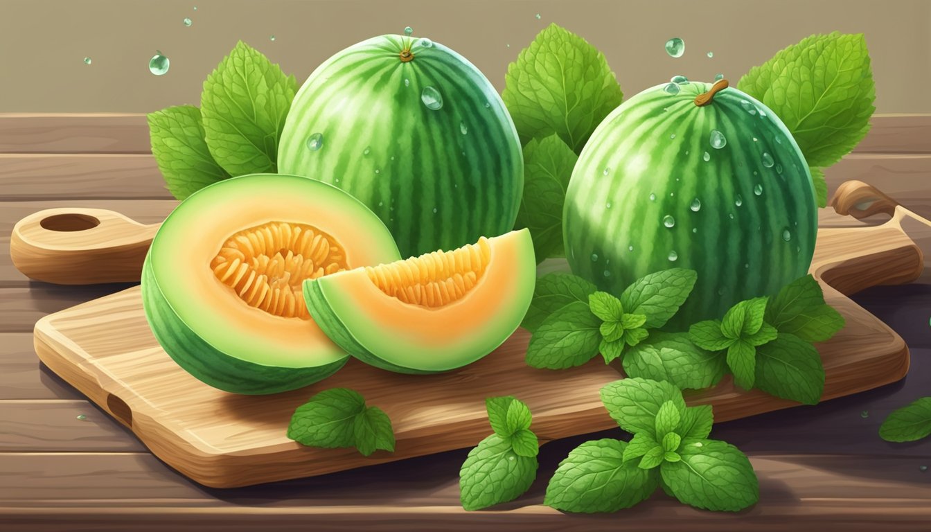 A ripe honeydew melon sits on a wooden cutting board, surrounded by fresh mint leaves and a knife. A few droplets of water glisten on the melon's smooth rind