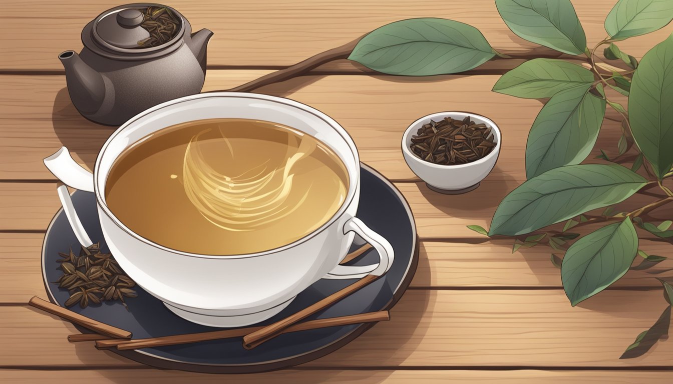 A steaming cup of hojicha sits on a wooden table, surrounded by loose tea leaves and a traditional teapot