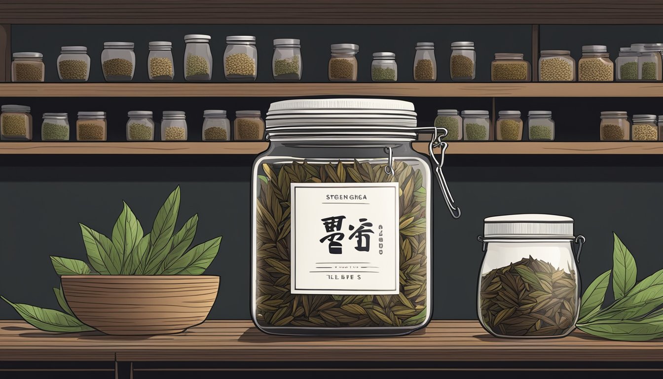 A glass jar filled with hojicha leaves, sealed tightly with a lid, sitting on a shelf in a cool, dark pantry