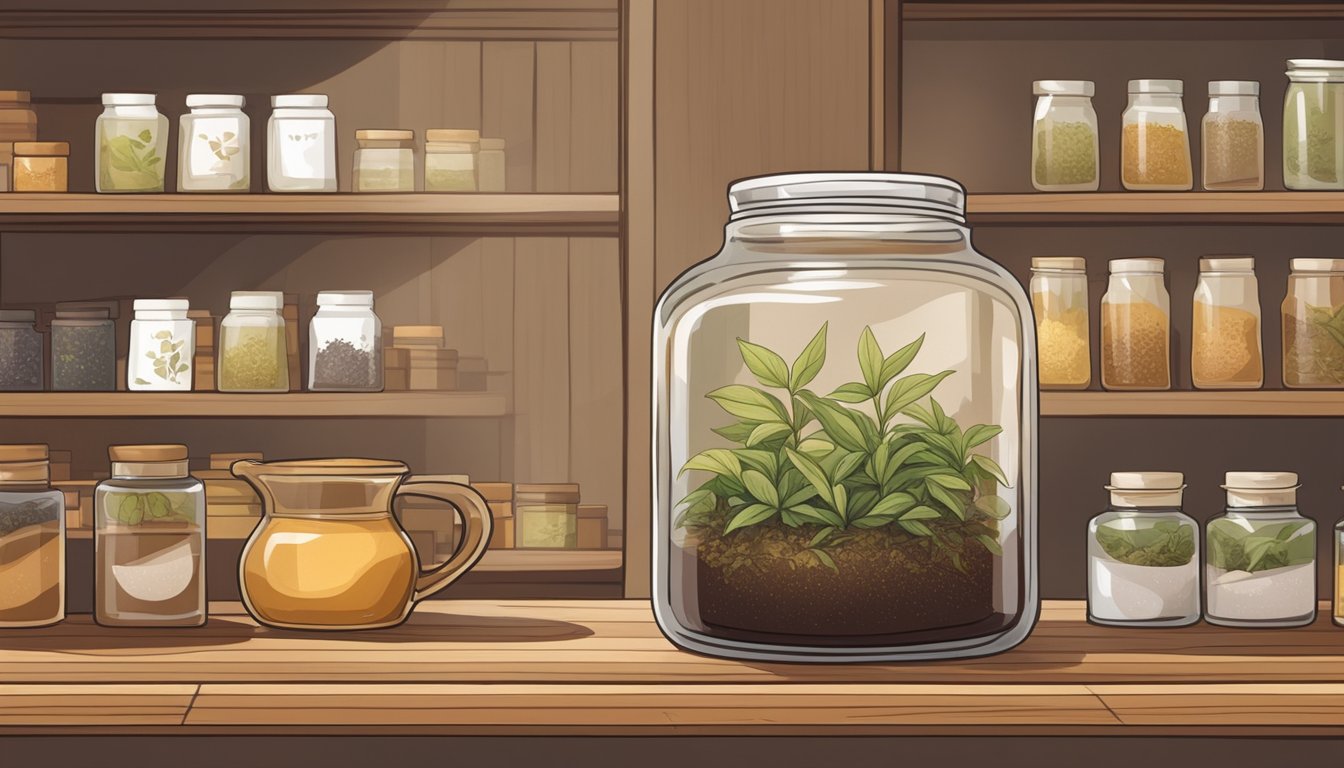 A glass jar filled with fragrant hojicha leaves sits on a wooden shelf, surrounded by other tea containers. The warm, earthy aroma fills the air