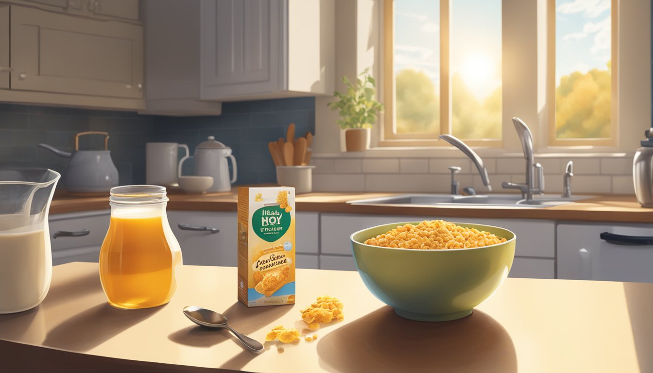 A box of Honey Graham Oh's cereal sits on a kitchen counter, surrounded by a bowl of milk and a spoon. The morning sunlight streams through the window, casting a warm glow over the scene