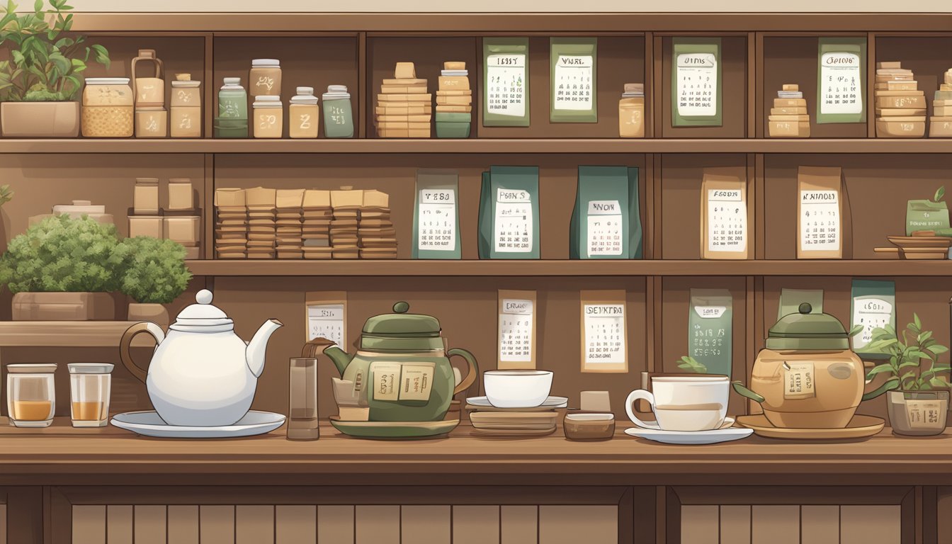 A cozy tea shop with shelves of hojicha. A calendar showing expiration dates