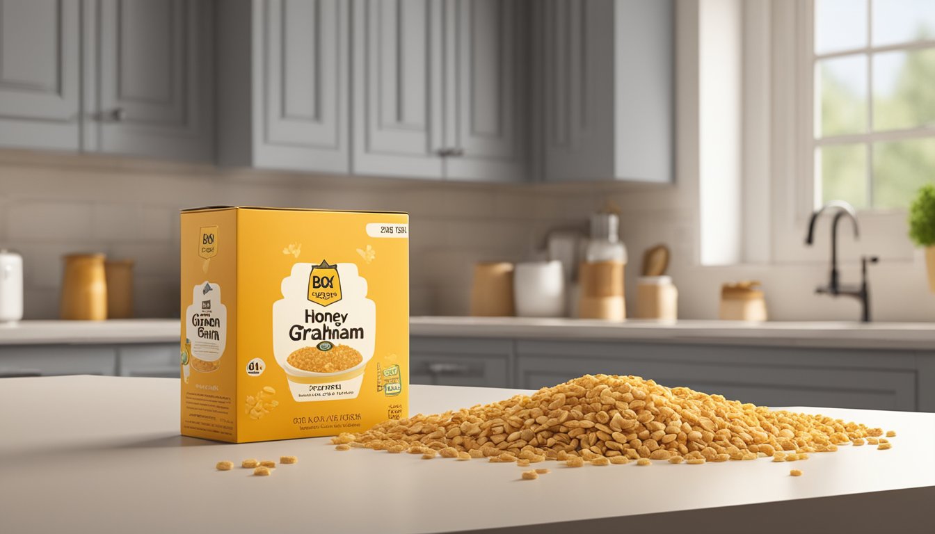 A box of Honey Graham Oh's sits on a kitchen counter, surrounded by scattered cereal pieces. The expiration date is visible on the packaging