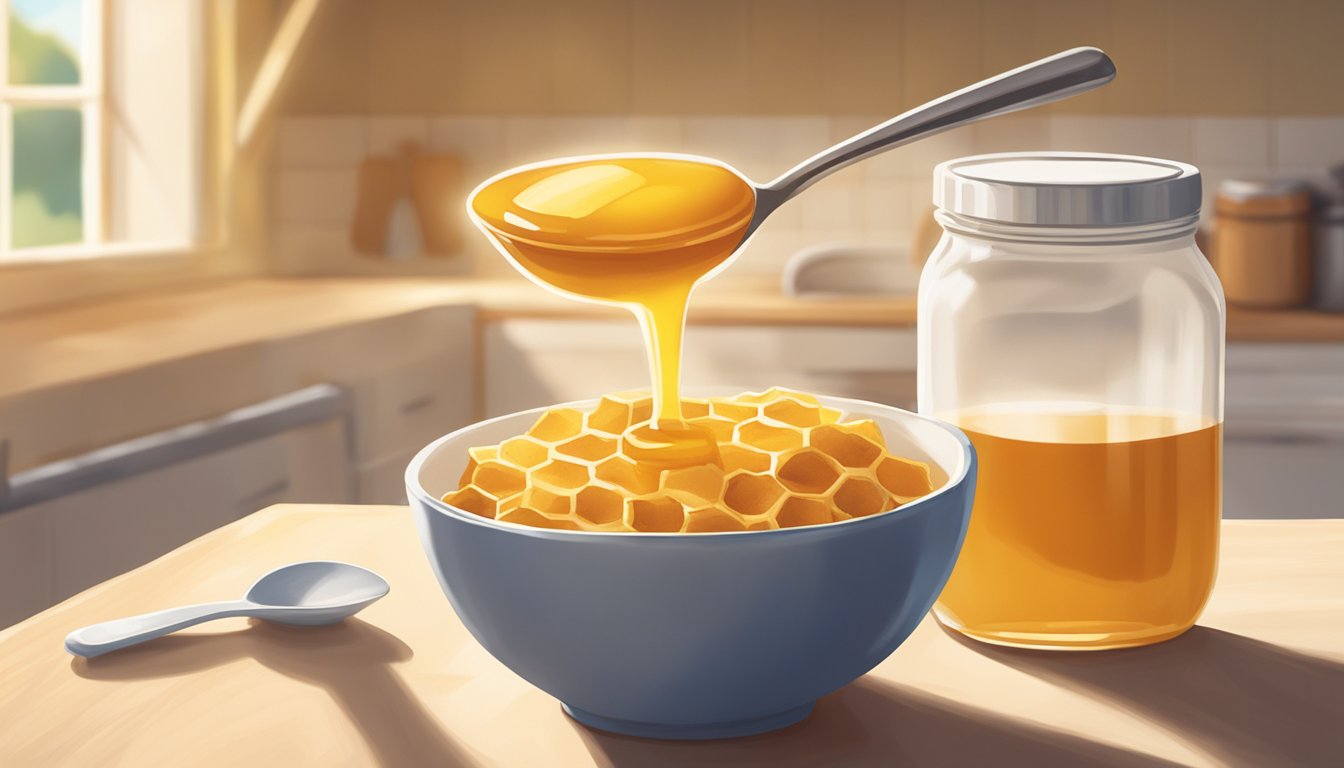 A bowl of Honey Graham Oh's sits on a kitchen table, surrounded by a carton of milk and a spoon. Sunlight streams in through the window, casting a warm glow on the scene