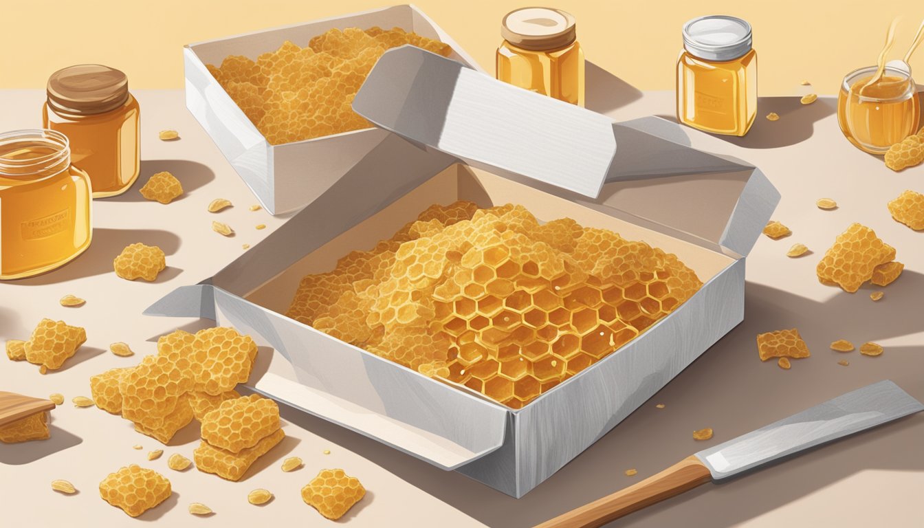 A box of Honey Graham Oh's sits open on a countertop, with a few scattered pieces spilling out, showcasing its crunchy texture