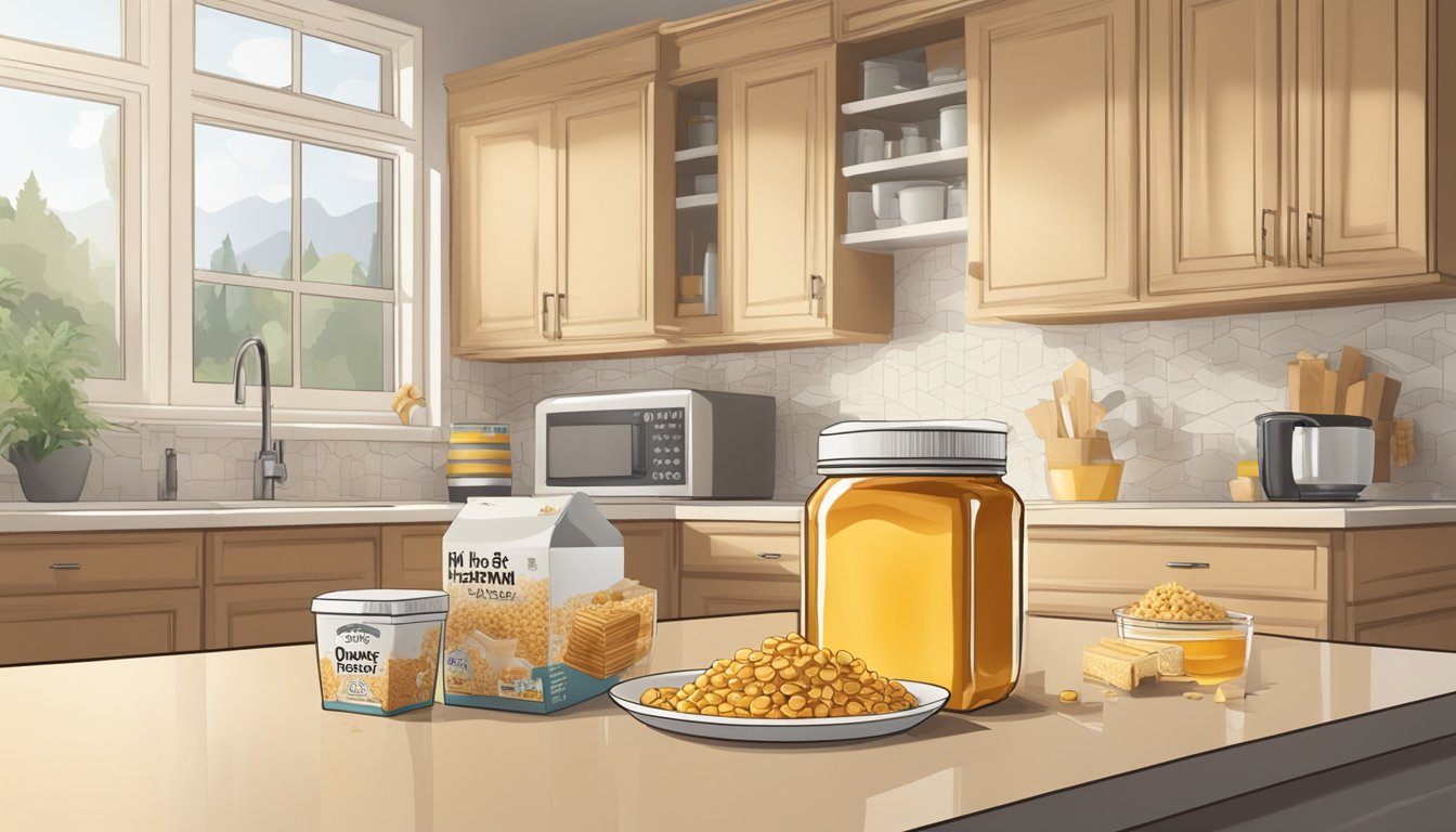 A box of Honey Graham Oh's sits on a kitchen counter, surrounded by scattered cereal pieces and a half-empty milk carton