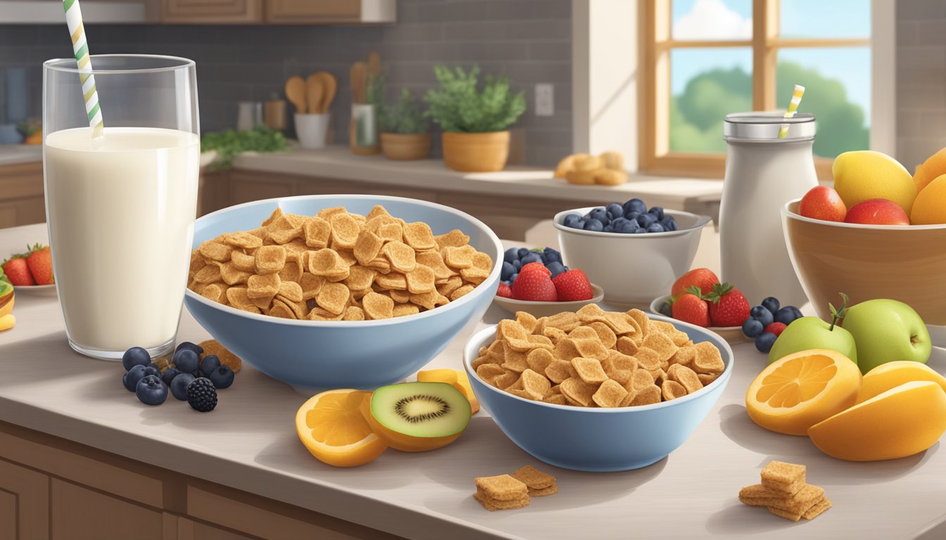 A bowl of Honey Graham Oh's cereal sits on a kitchen table, surrounded by a variety of fresh fruits and a carton of milk