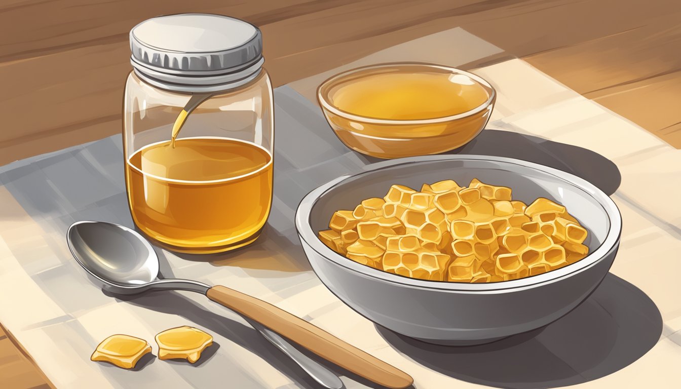 A bowl of Honey Graham Oh's sits on a kitchen table with a few remaining pieces and a spoon nearby