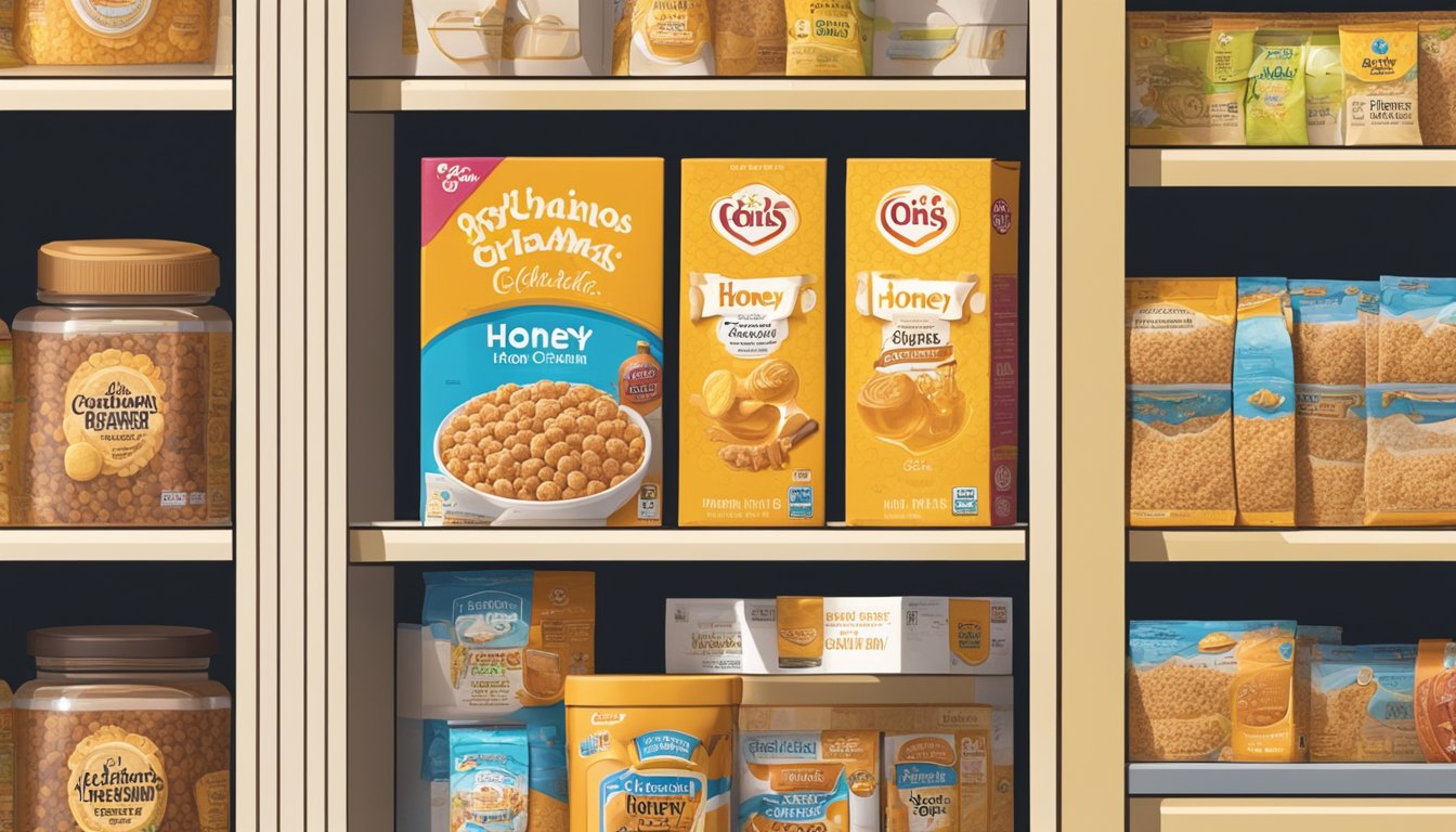 A box of Honey Graham Oh's cereal sits on a pantry shelf next to other food items. The packaging is sealed and intact, with a best before date clearly visible