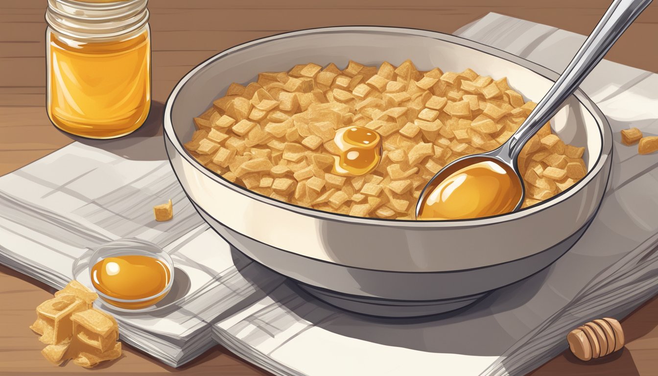 A bowl of Honey Graham Oh's sits on a kitchen counter, surrounded by a box and a spoon. The cereal is fresh and untouched