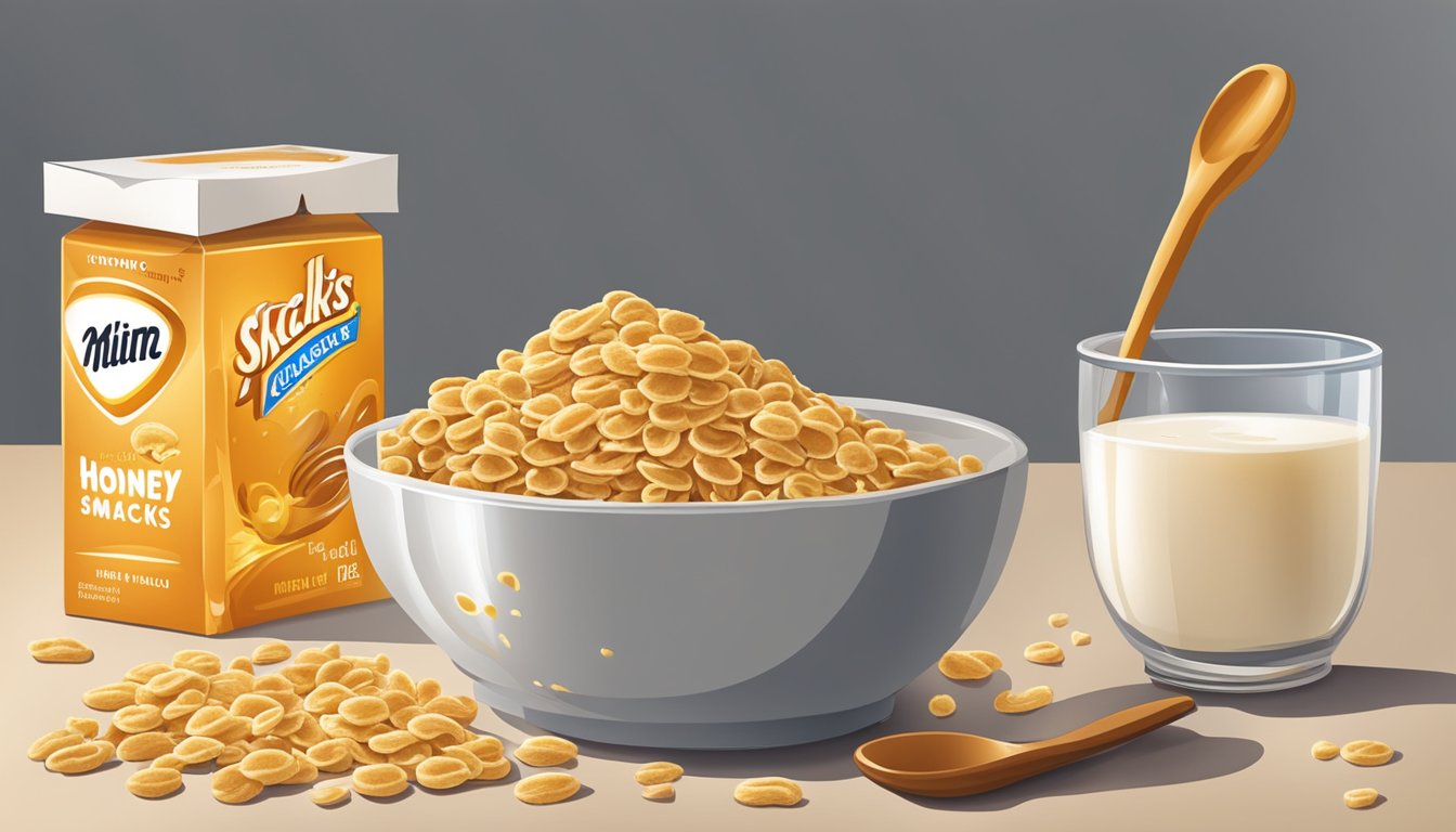 A box of Honey Smacks sits on a kitchen counter, surrounded by a bowl of milk and a spoon. The cereal is spilling out of the box, creating a messy yet inviting scene