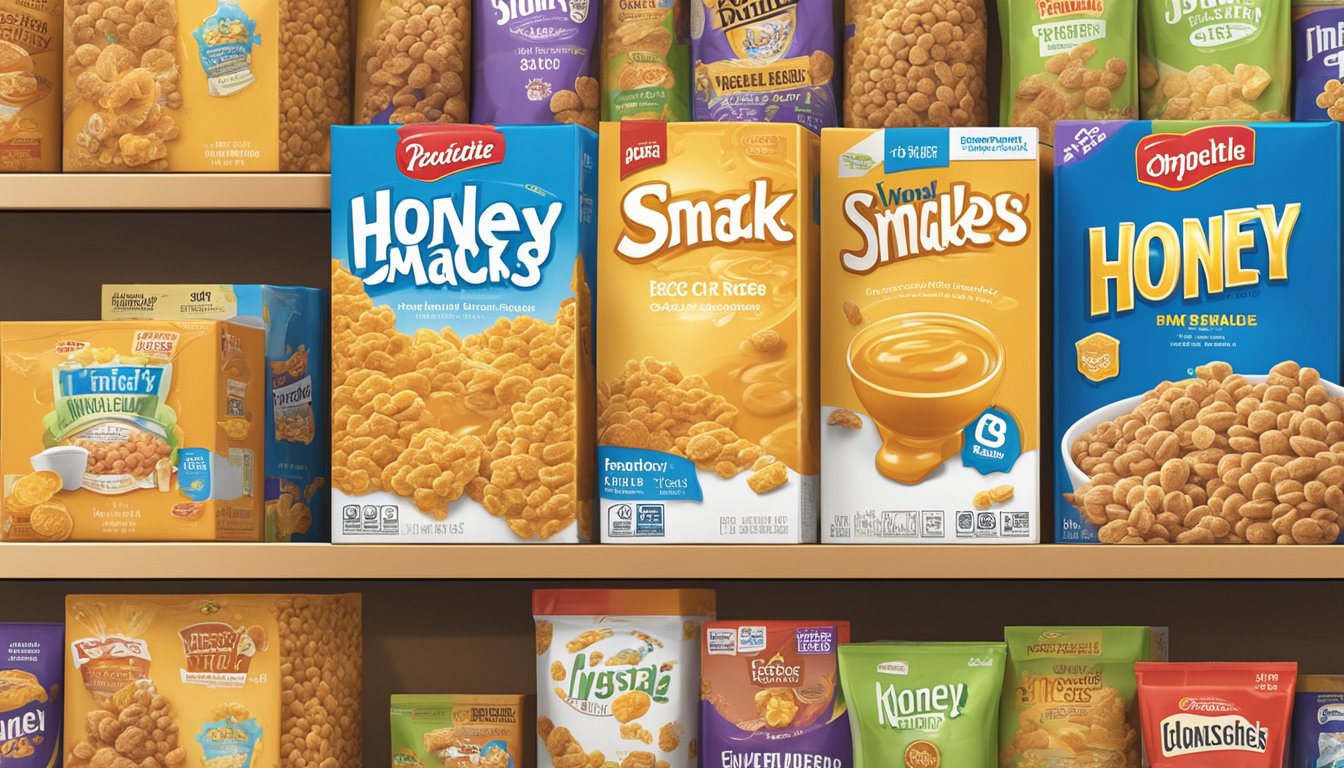 A box of Honey Smacks cereal sits unopened on a pantry shelf, surrounded by other non-perishable items