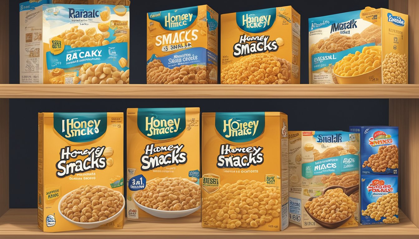 A box of Honey Smacks cereal sits on a pantry shelf next to other dry goods, with a best-by date clearly displayed on the packaging