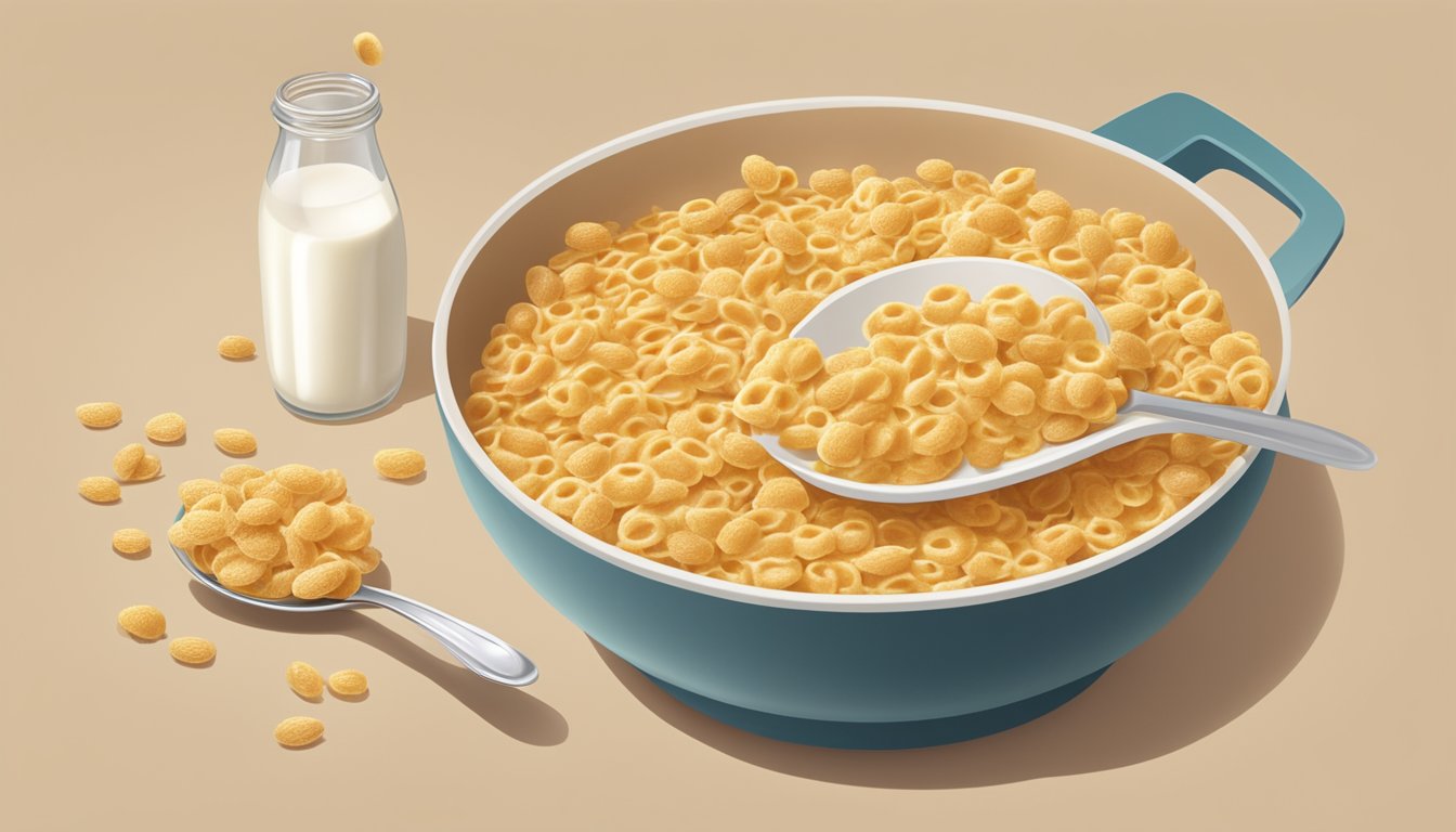 A box of Honey Smacks sits on a kitchen counter, surrounded by a bowl of milk and a spoon. The cereal is poured out and floating in the milk