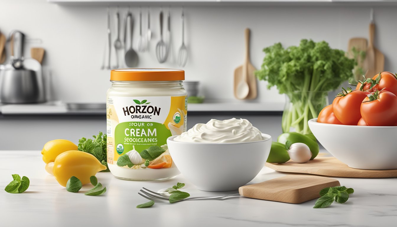 A jar of Horizon Organic Sour Cream sits on a clean, white kitchen counter, surrounded by fresh ingredients and cooking utensils