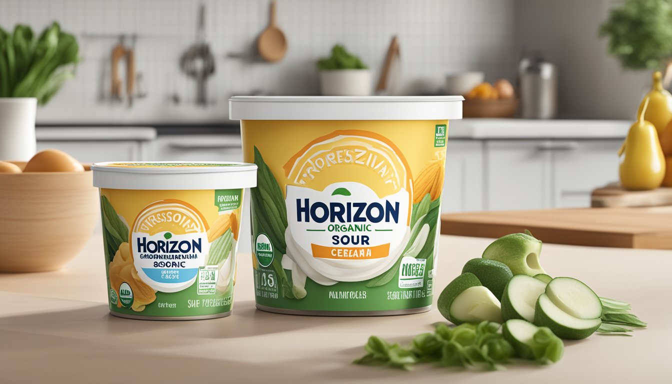 A tub of Horizon Organic Sour Cream sits unopened on a kitchen counter, surrounded by fresh ingredients and a calendar showing the current date