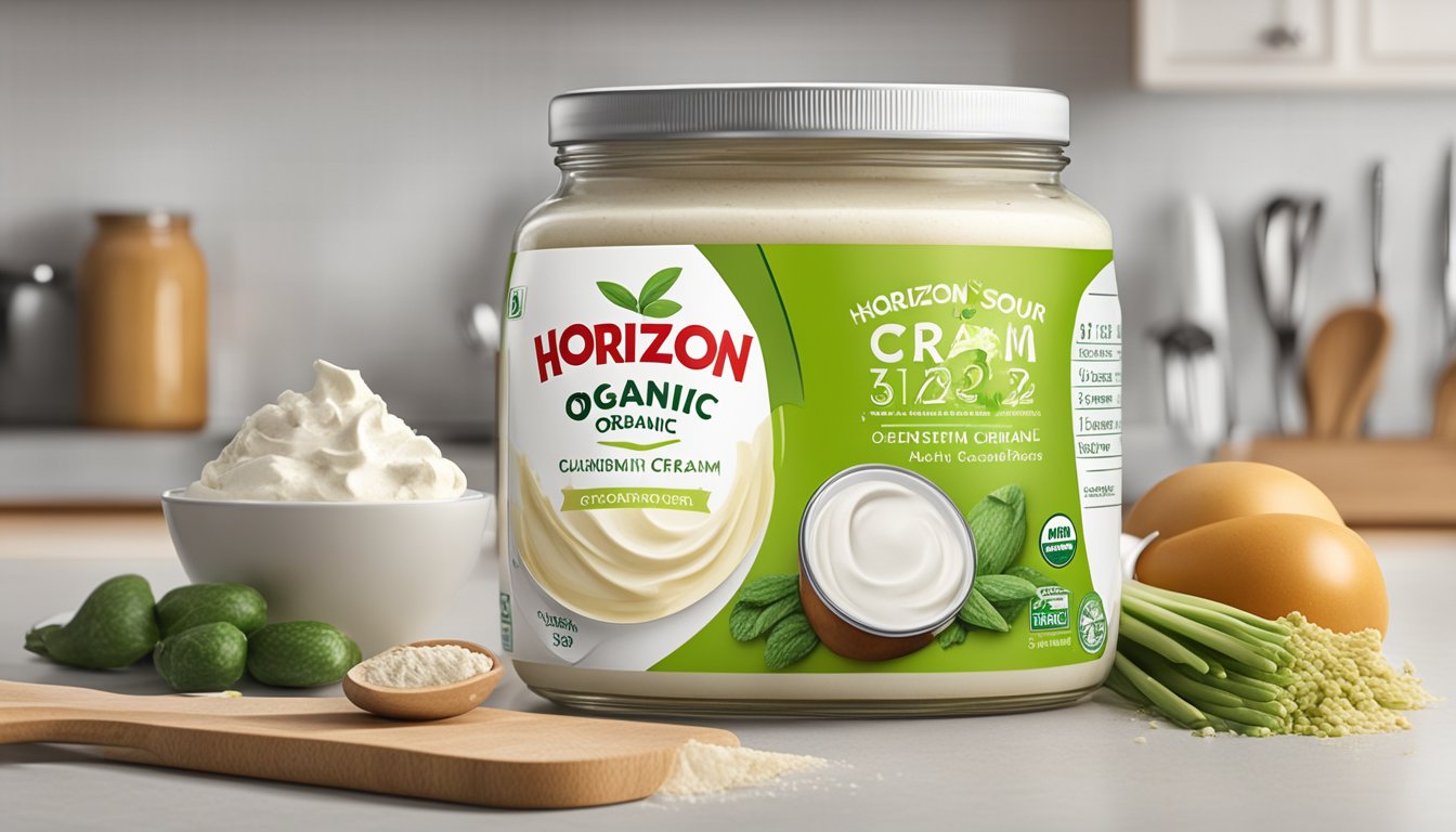 A jar of Horizon Organic Sour Cream sits on a kitchen counter next to a calendar showing the current date. The jar is unopened and surrounded by various cooking utensils and ingredients