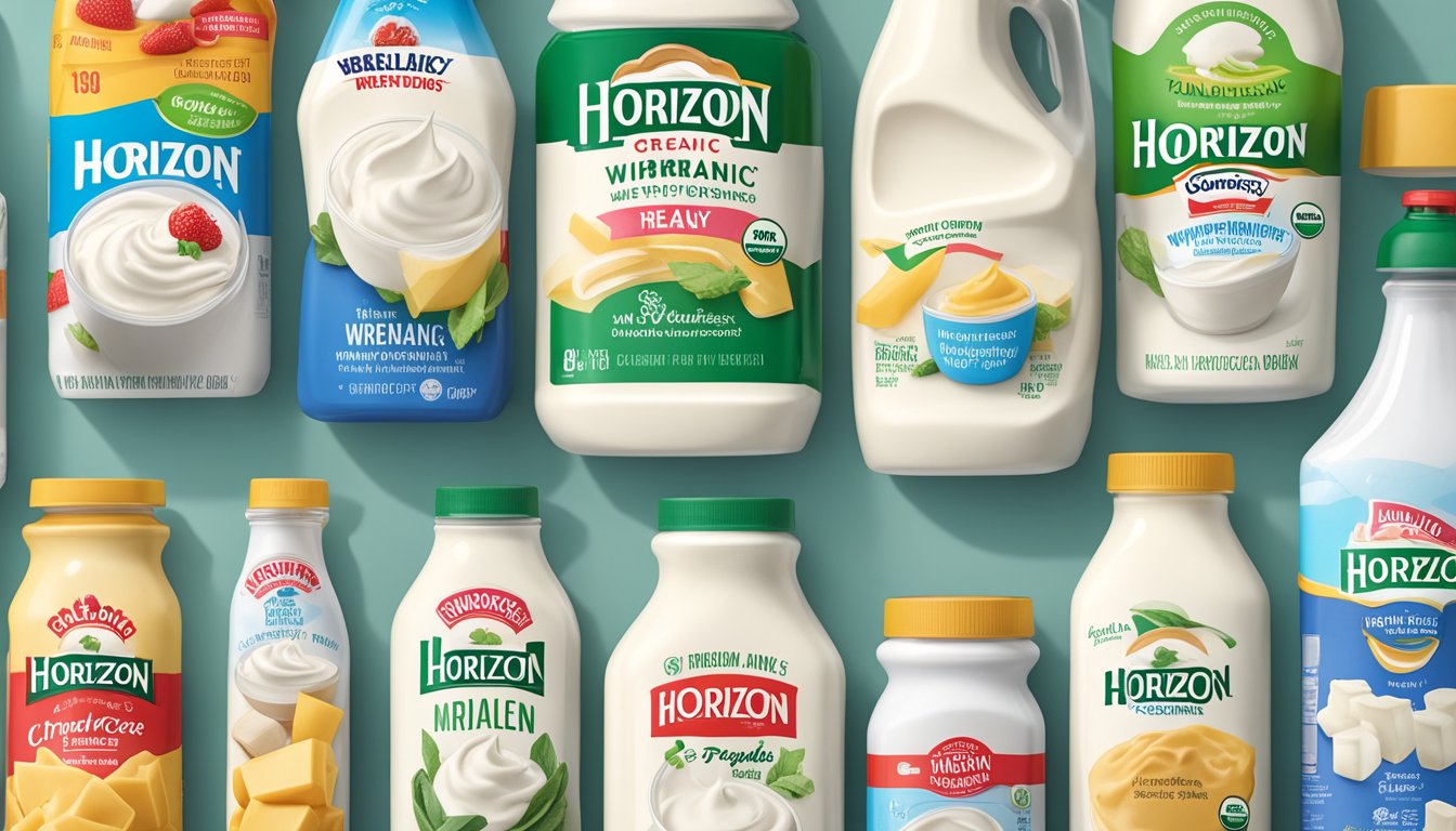 A carton of Horizon Organic Heavy Whipping Cream sits in a refrigerator, surrounded by various dairy products and condiments