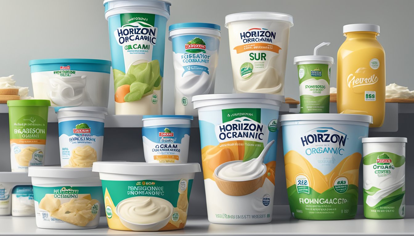 A sealed container of Horizon Organic Sour Cream sits in a refrigerator next to various other dairy products