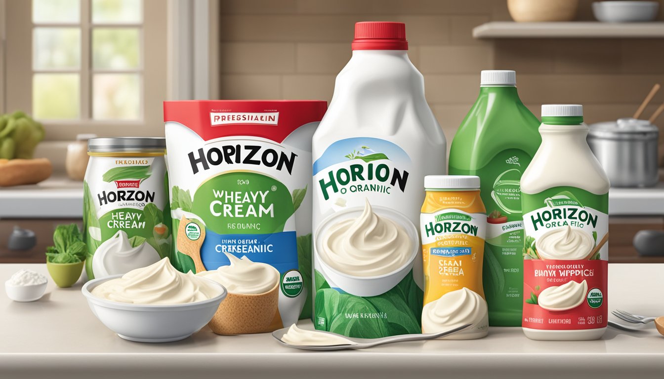 A carton of Horizon Organic Heavy Whipping Cream sits unopened on a kitchen counter, surrounded by other dairy products and cooking utensils