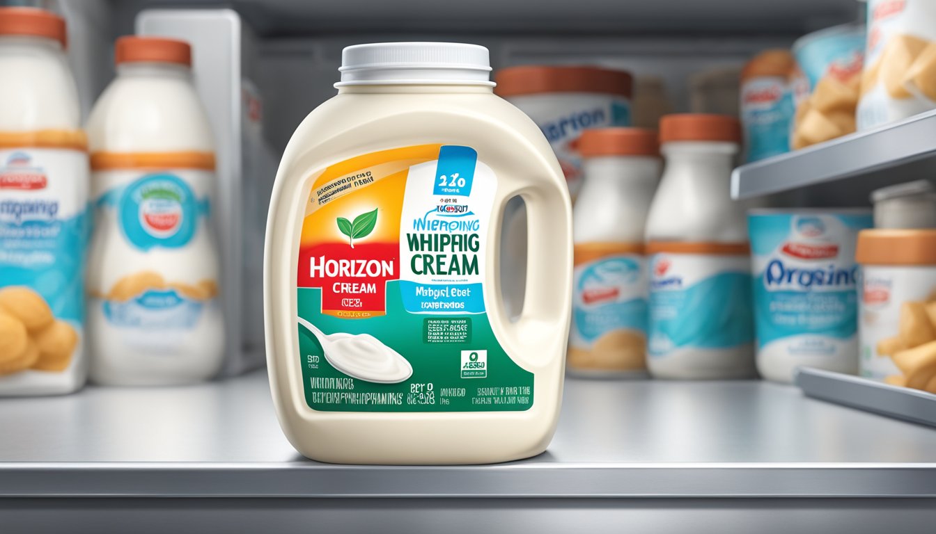 A sealed container of Horizon Organic Heavy Whipping Cream sits in a refrigerator, with a clear expiration date label visible