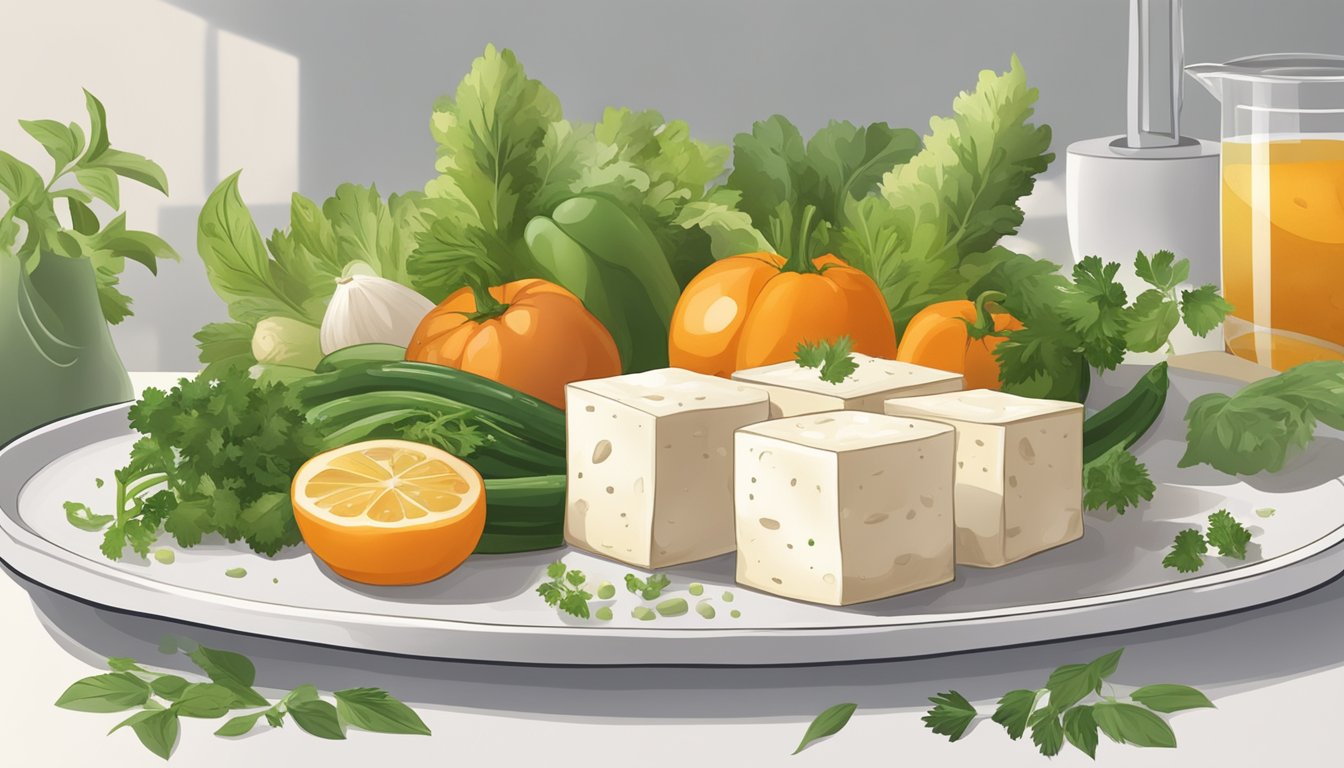 A block of House Foods Organic Tofu sits on a clean, white ceramic plate, surrounded by fresh vegetables and herbs