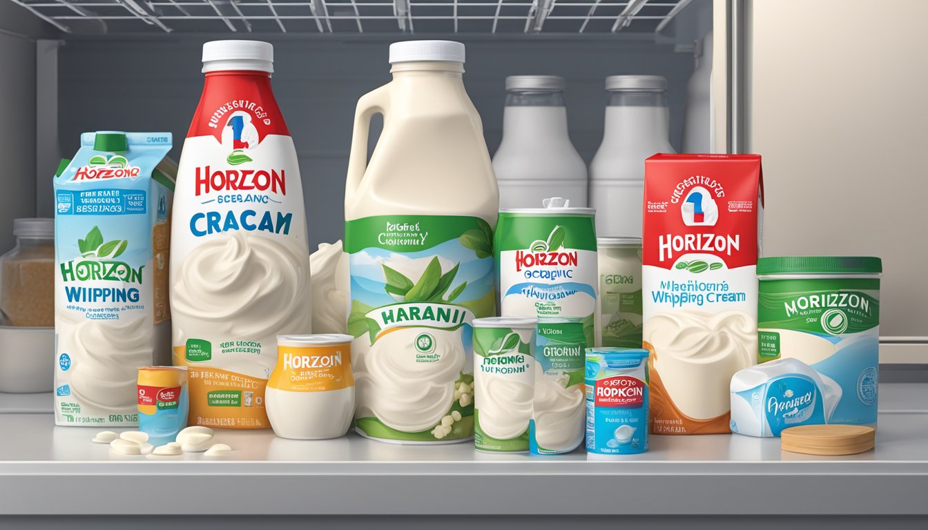 A carton of Horizon Organic Heavy Whipping Cream sits in a refrigerator, surrounded by other dairy products. The date on the carton indicates it was purchased recently