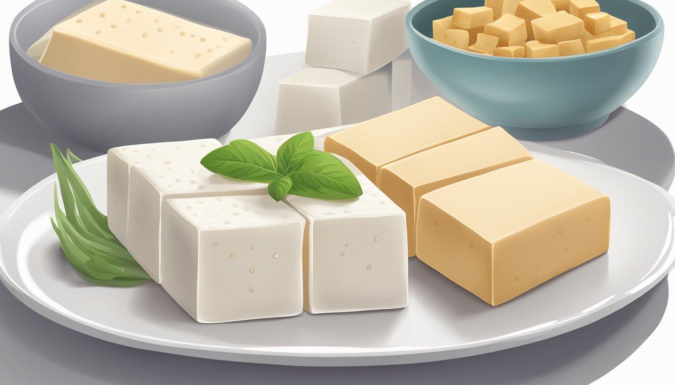 A block of House Foods Organic Tofu sits on a clean, white plate, surrounded by various types of tofu, such as silken and firm, with different expiration dates labeled on each package