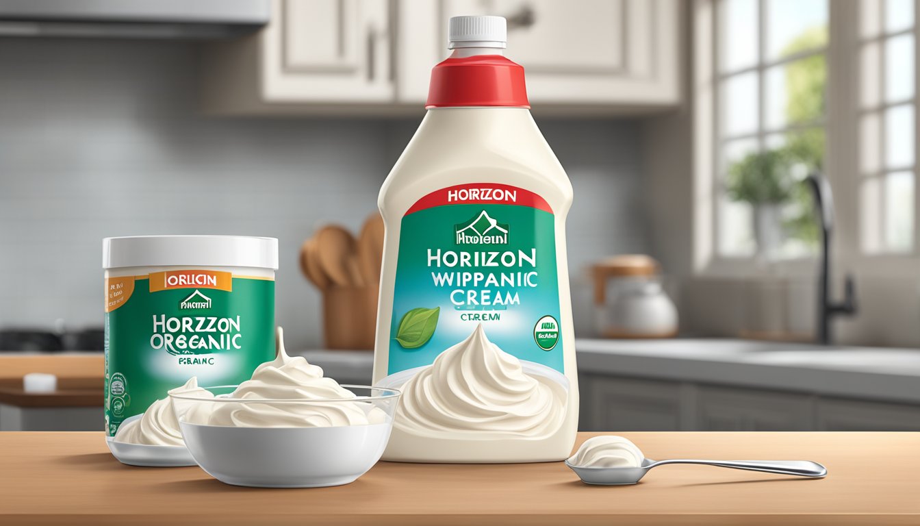 A carton of Horizon Organic Heavy Whipping Cream sits on a kitchen counter, next to a bowl and a whisk