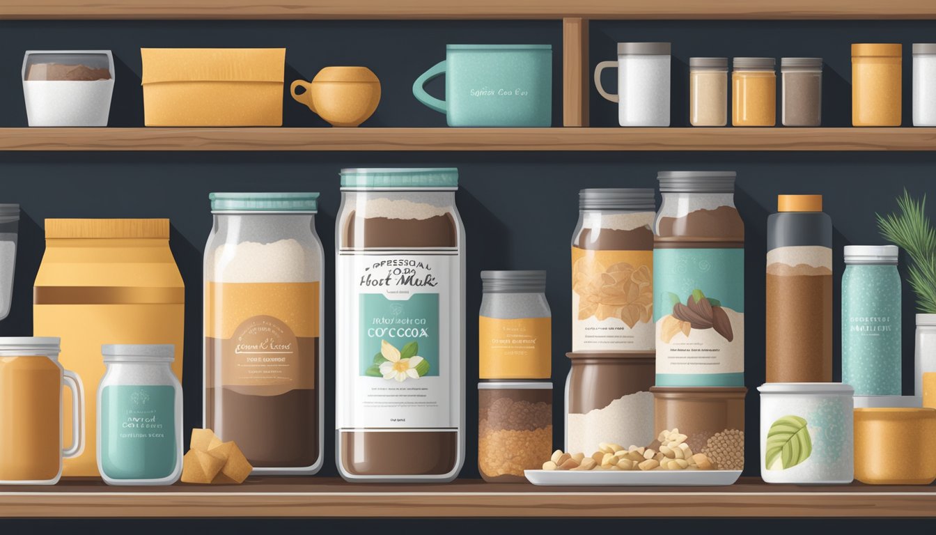 A pantry shelf with a sealed jar of hot cocoa mix, surrounded by other dry goods and ingredients