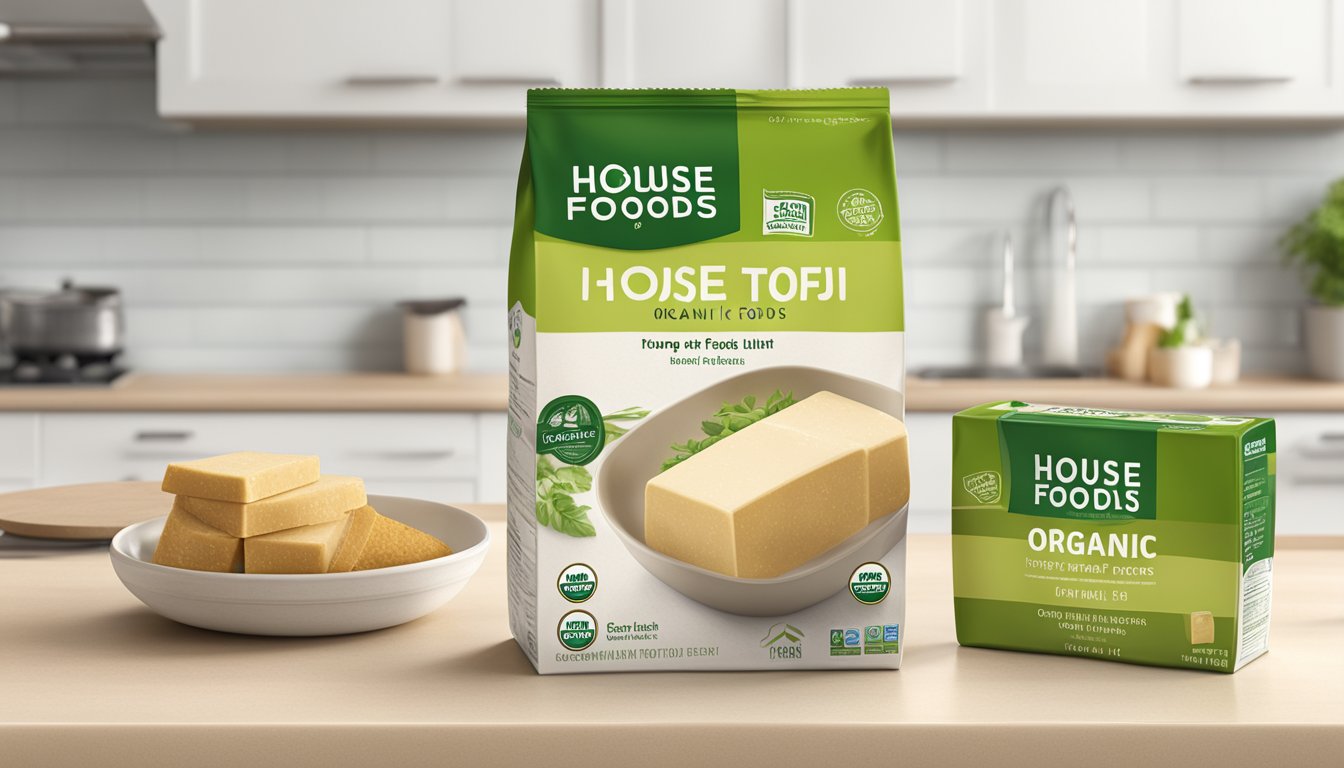 A package of House Foods Organic Tofu sits unopened on a clean, well-lit kitchen counter