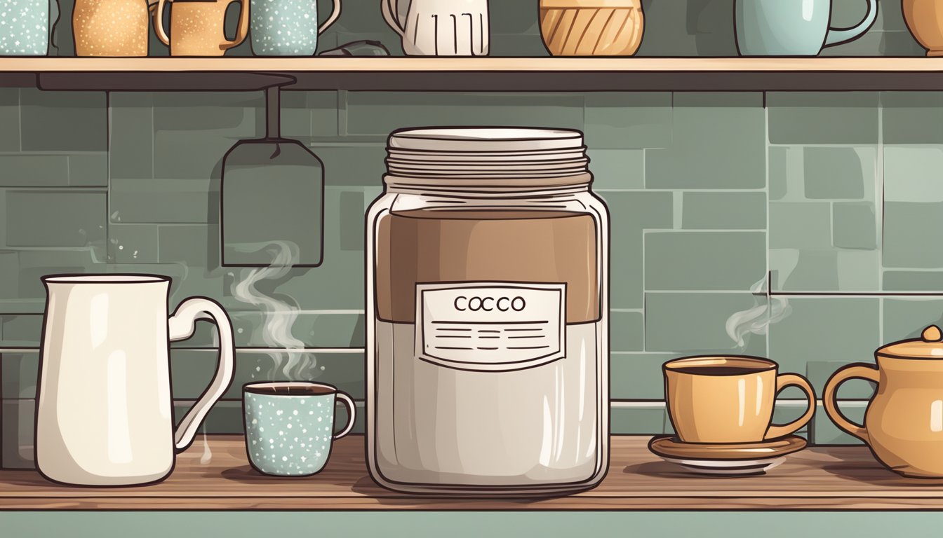 A jar of hot cocoa mix sits on a kitchen shelf, surrounded by cozy mugs and a steaming pot on the stove