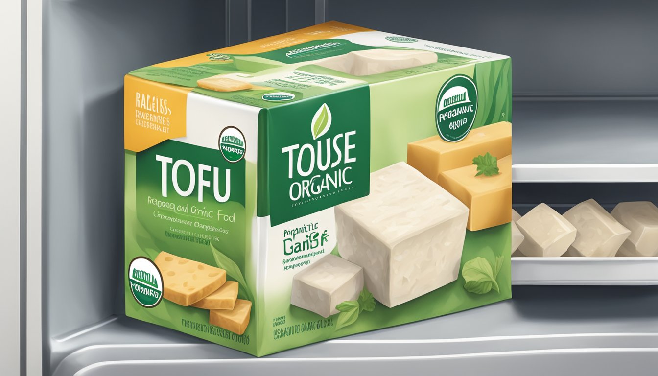 A package of House Foods Organic Tofu sits unopened on a clean, organized refrigerator shelf