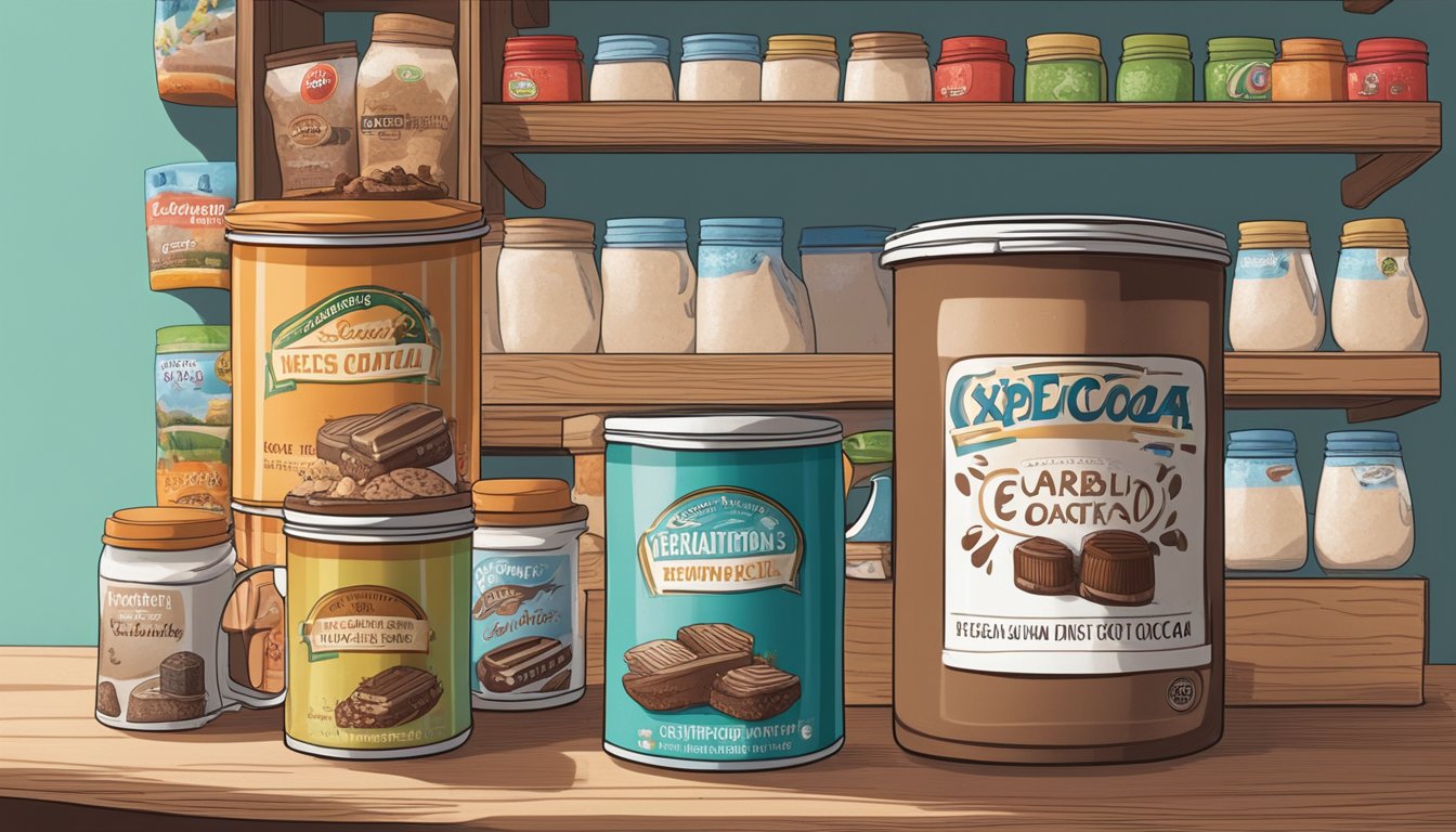 A steaming mug of hot cocoa mix sits on a shelf, surrounded by a variety of expiration dates on other food items