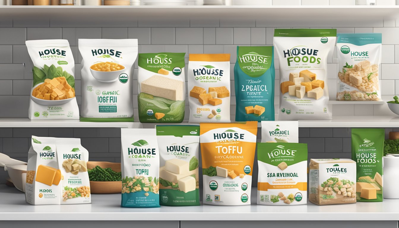 A package of House Foods Organic Tofu sits on a clean, white kitchen counter, surrounded by various brands and varieties of tofu