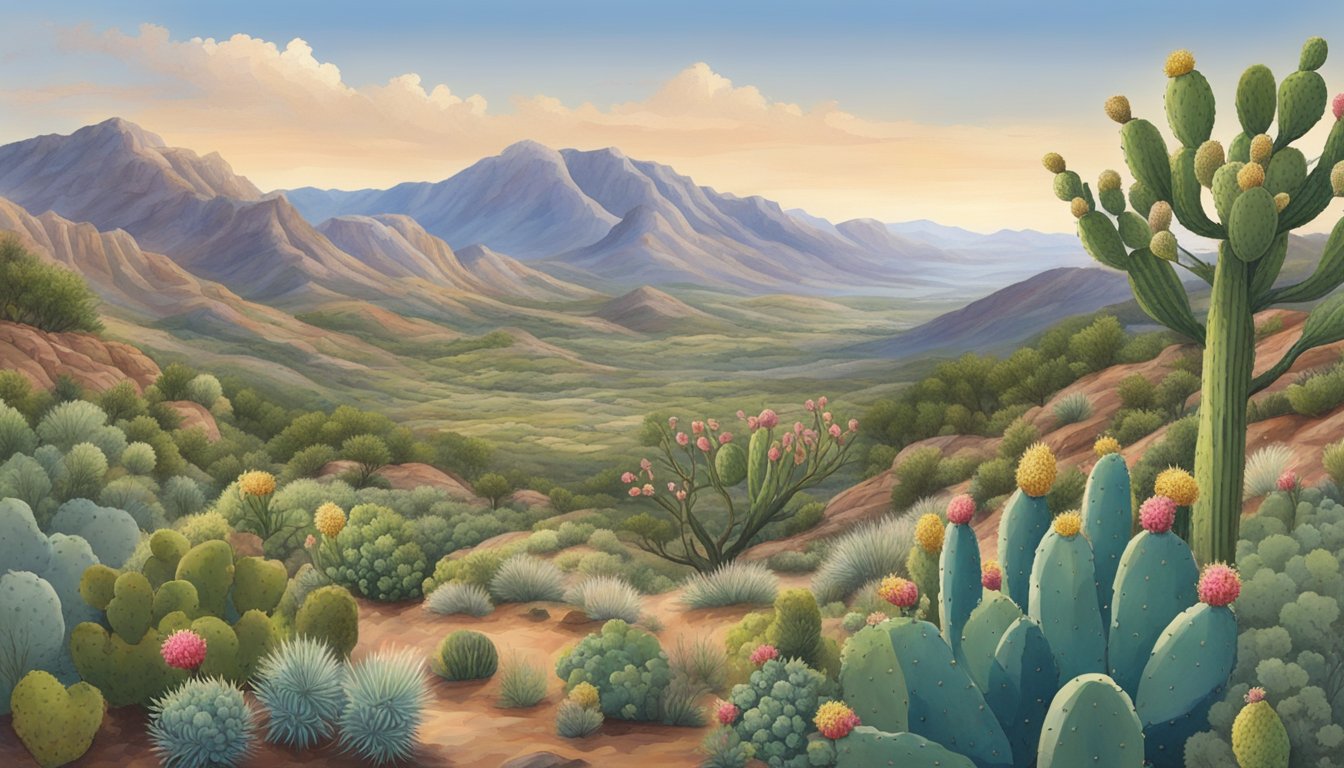 A mountainous landscape with various native edible plants such as prickly pear cactus, wild strawberries, and sagebrush dotting the terrain