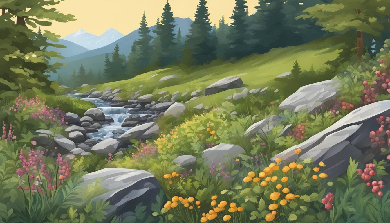 A mountain meadow with wild berries, herbs, and mushrooms scattered among the rocks and trees