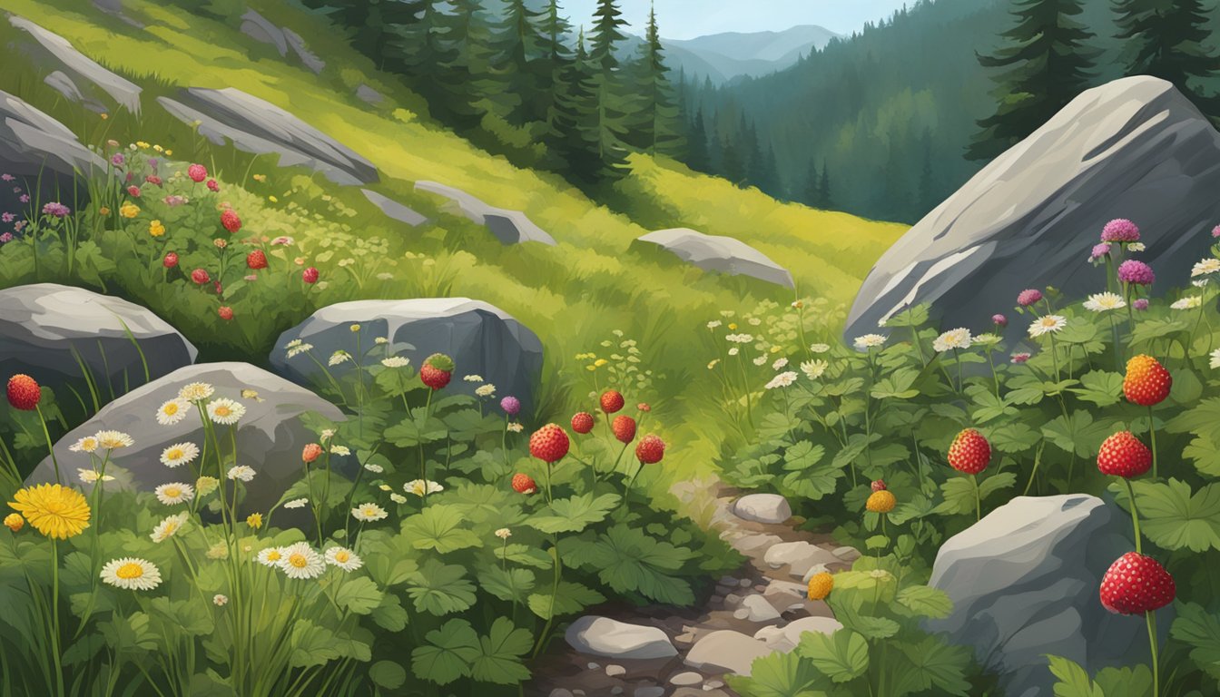 A lush mountain meadow with various native plants like wild strawberries, dandelions, and thimbleberries growing among the rocks and tall grasses