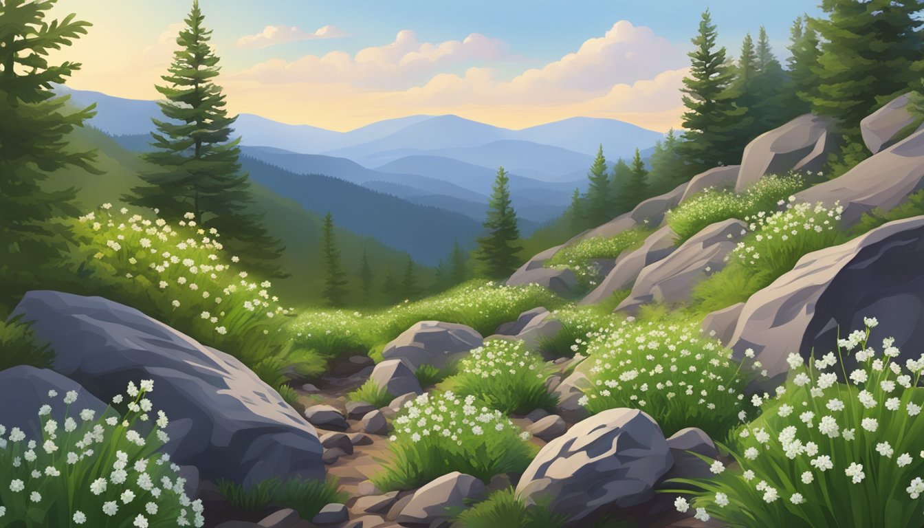 A lush mountain landscape with wild edible plants like huckleberries, chokecherries, and wild onions growing among the rocky terrain