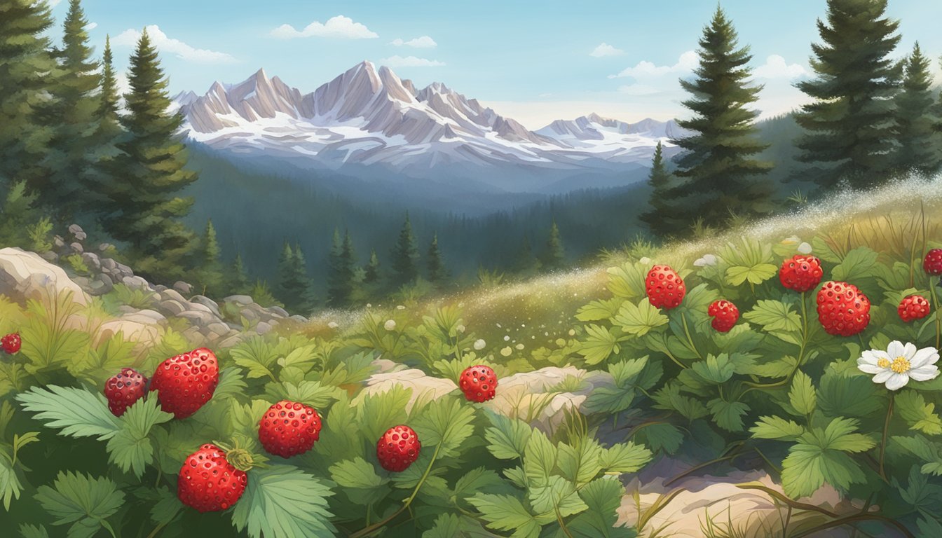 A mountain meadow with wild strawberries, currants, and sagebrush in the foreground, and pine trees and snow-capped peaks in the background