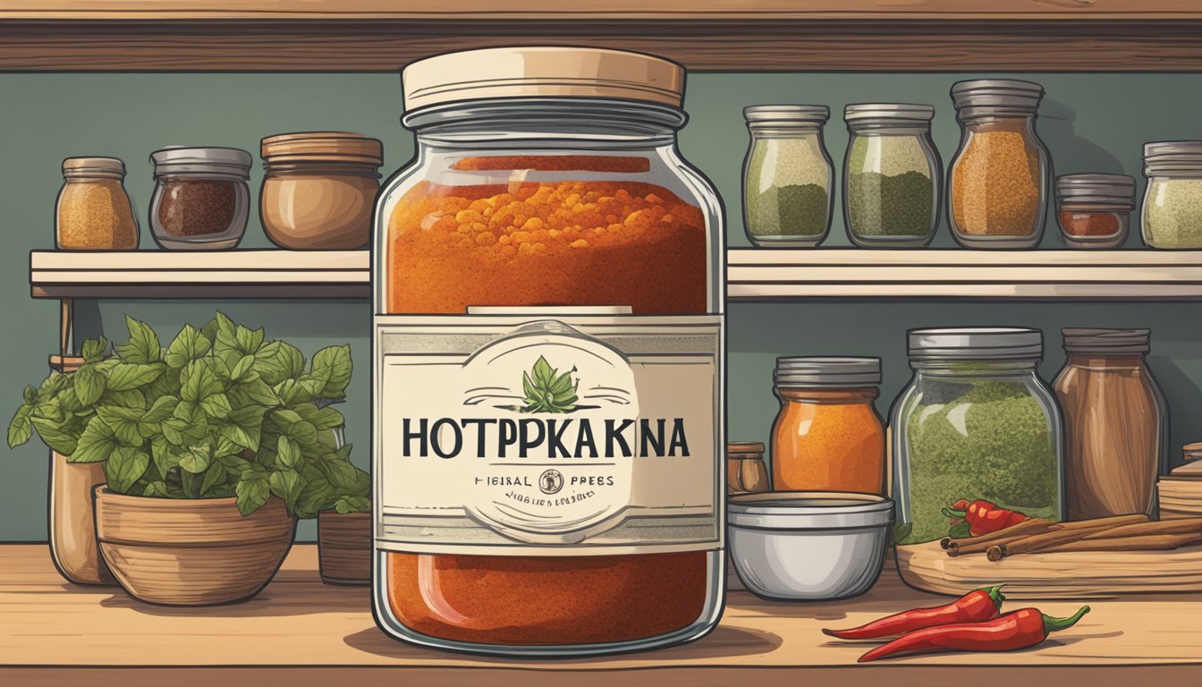 A jar of hot paprika sits on a kitchen shelf, surrounded by various spices and herbs. The label on the jar is slightly faded, indicating it has been in use for some time