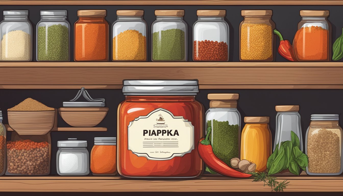 A jar of hot paprika sits on a kitchen shelf, surrounded by other spices and ingredients. The label on the jar indicates the expiration date