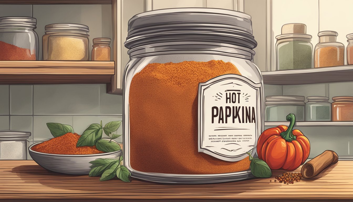 A jar of hot paprika sits on a kitchen shelf, surrounded by other spices. The label is faded, and the jar looks dusty and unused