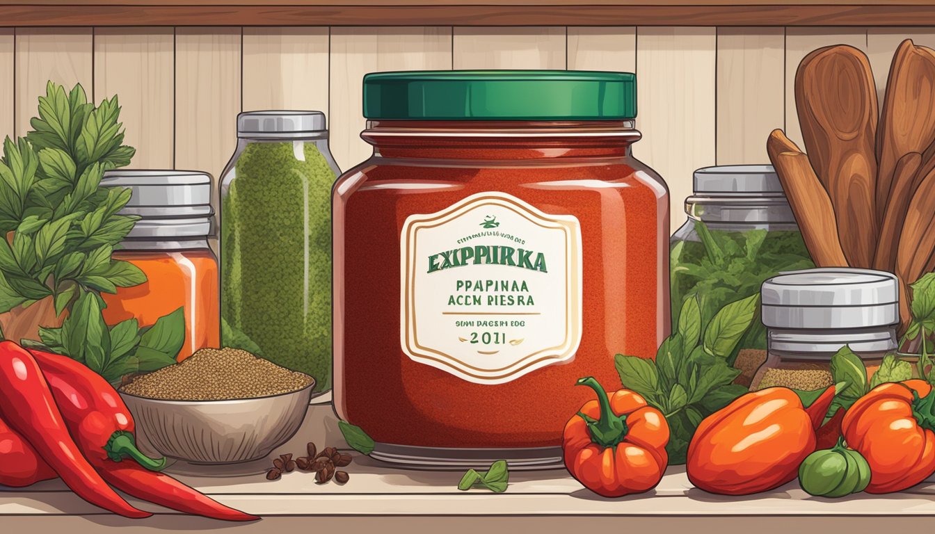 A jar of hot paprika sits on a kitchen shelf, surrounded by other spices and herbs. The label indicates the expiration date, while the vibrant red color of the powder suggests its freshness