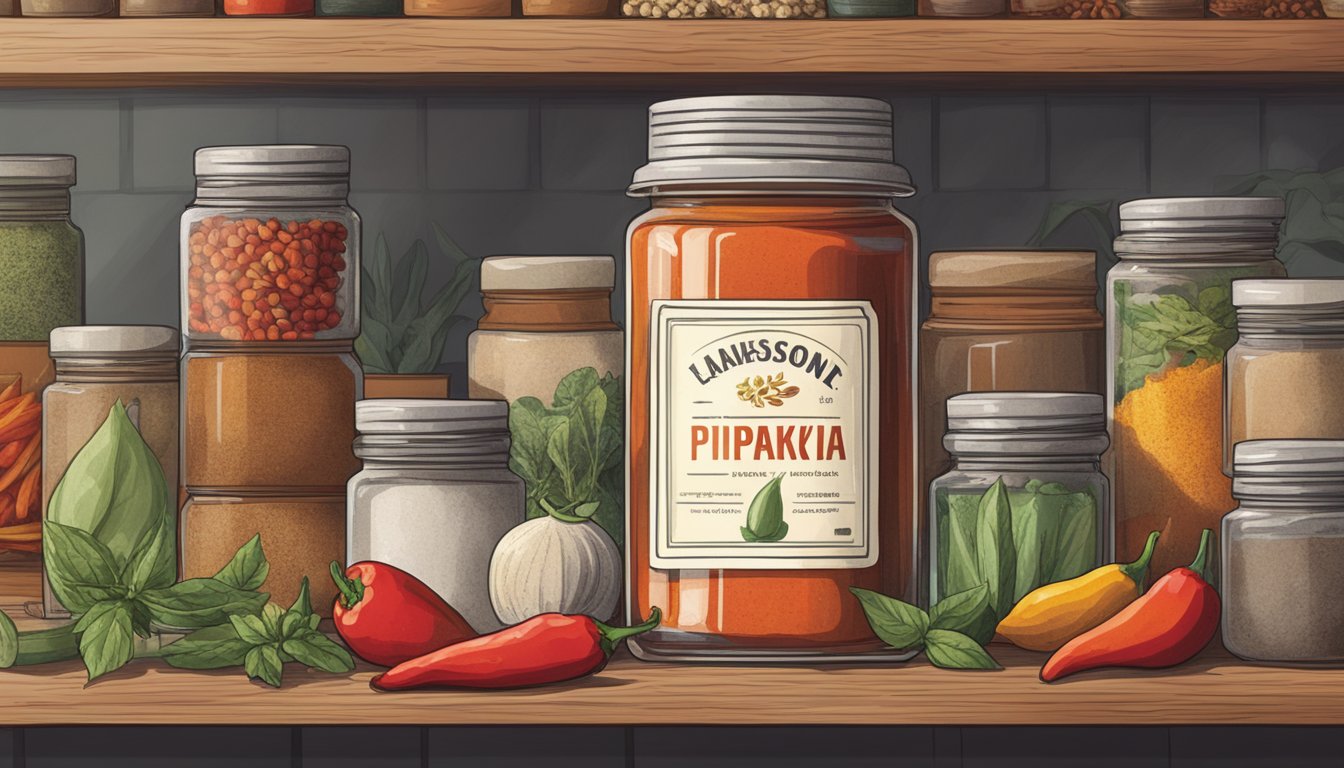 A jar of hot paprika sits on a shelf, surrounded by other spices. The label is faded, suggesting it has been there for some time