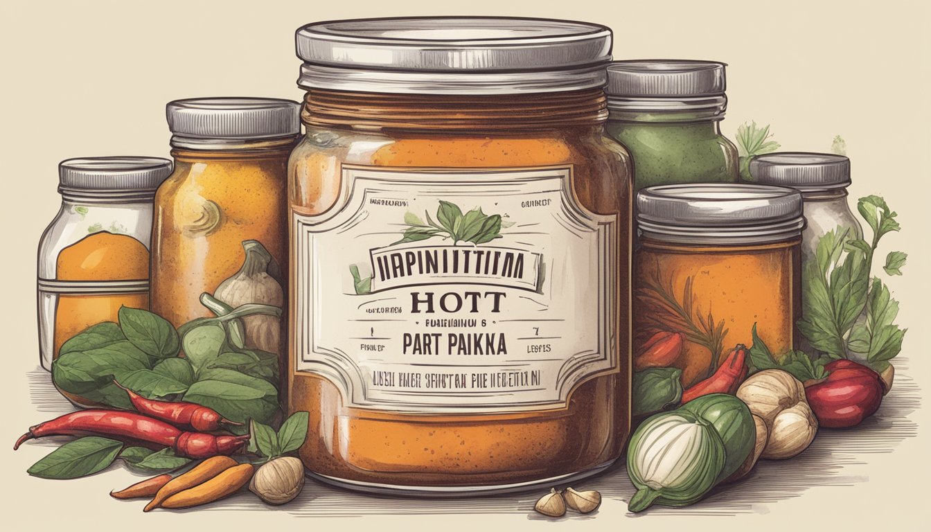 A jar of hot paprika sits on a kitchen shelf, surrounded by various spices and condiments. The label on the jar is slightly faded, indicating it has been there for some time