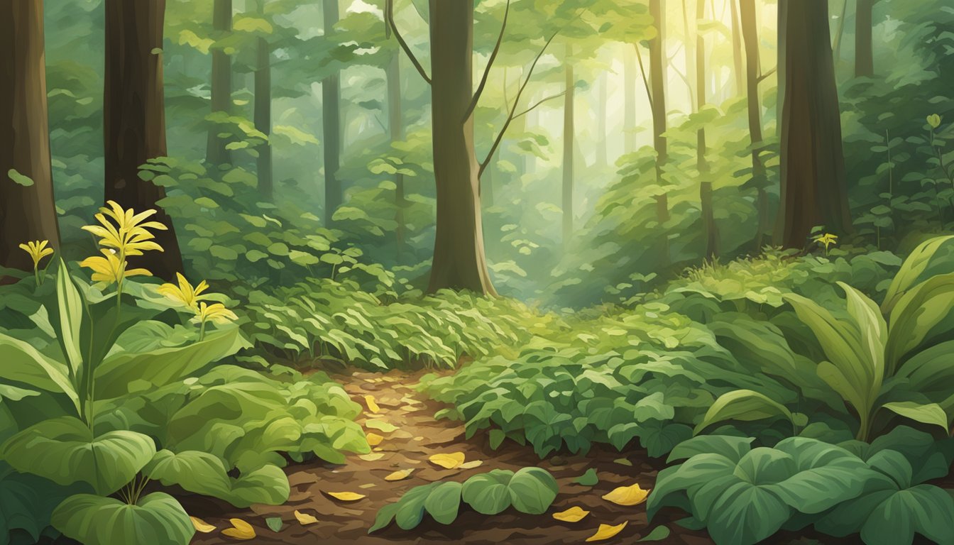 A lush forest floor with various native edible plants such as ramps, wild ginger, and mayapples growing among the fallen leaves and dappled sunlight