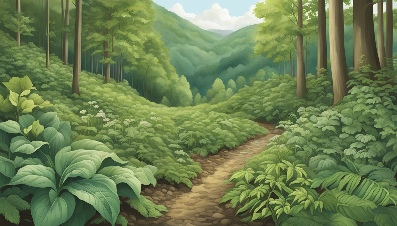 A lush forest floor with a variety of native edible plants such as ramps, pawpaws, and mayapples, surrounded by the rolling hills of the Appalachian region