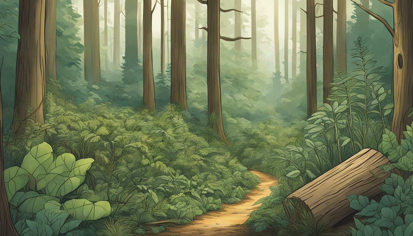 An illustration of an Appalachian forest with various native edible plants being carefully preserved and stored using traditional techniques